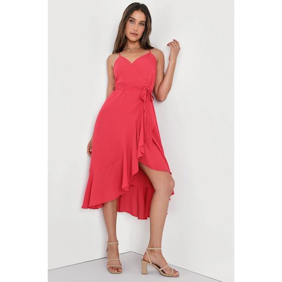 Lulus Manhattan Moment Berry Pink Ruffled Midi Wrap Dress Size S - Picture 1 of 6